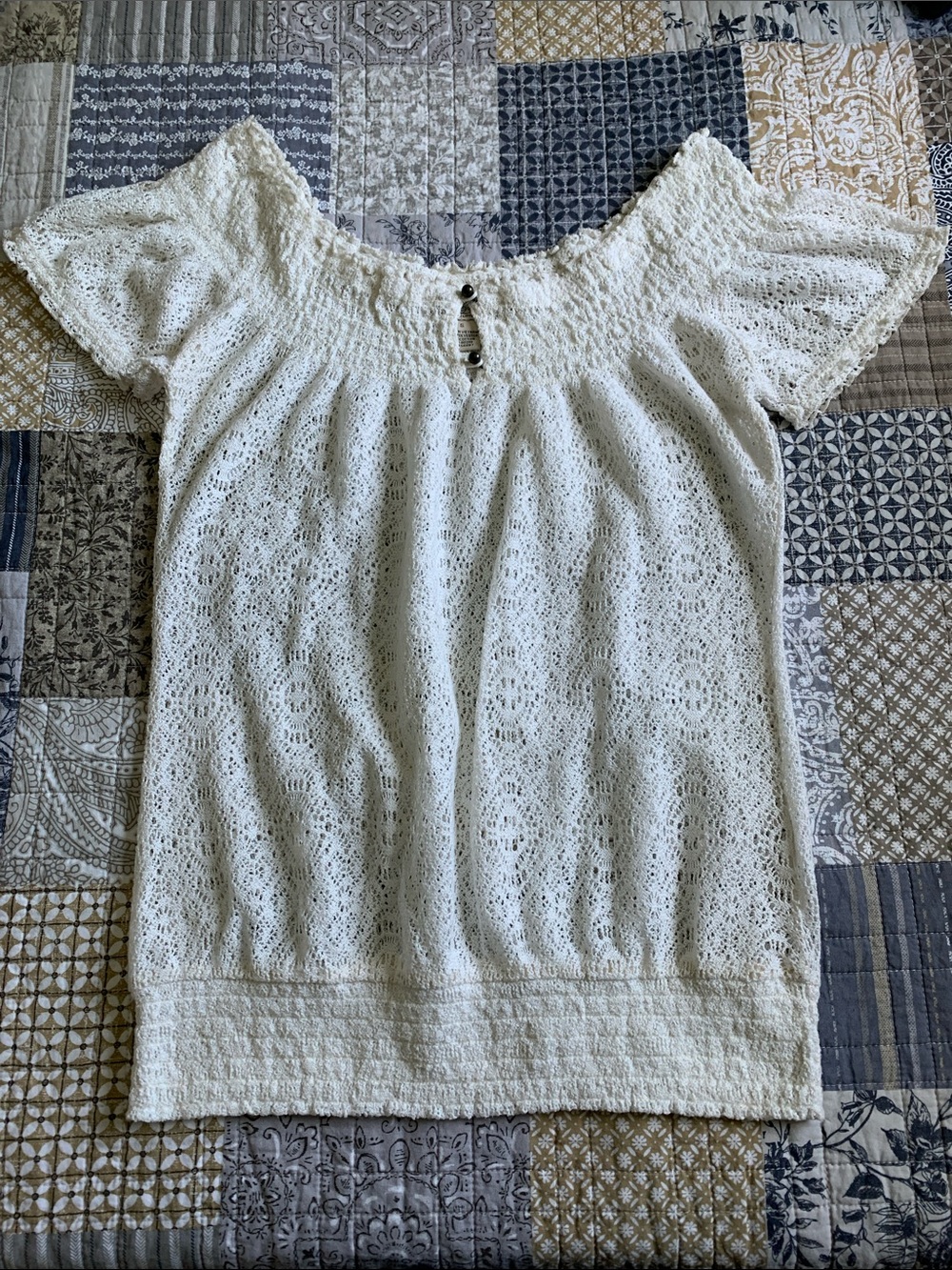 Lucky Brand Off-Shoulder Lace Crochet  Peasant Blouse.